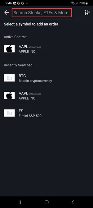 The symbol search on the Android Phone